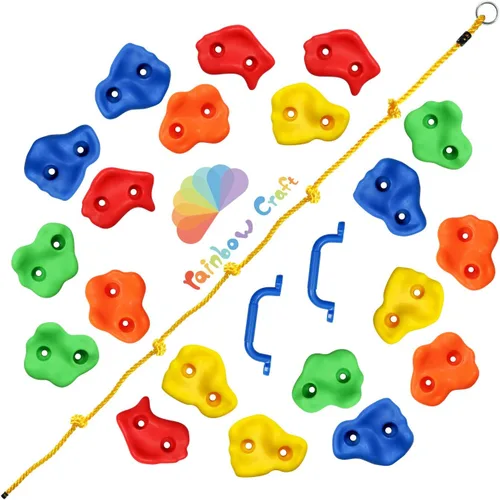 Vista 3 de Rainbow Craft Soportes de escalada en roca de mono para niños, 20 soportes de pared de roca, 2 asas y 1 cuerda de escalada anudada de 8 pies, kit