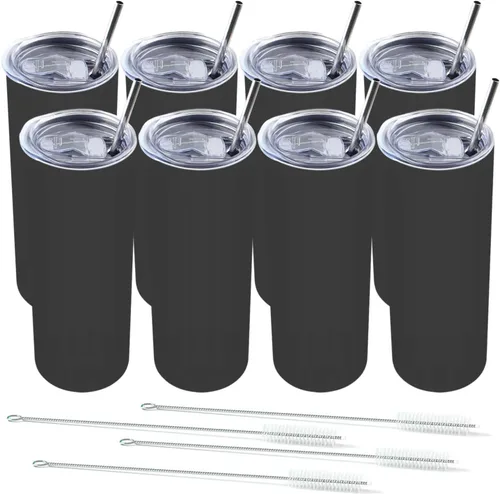 Vista 9 de Amtidy Paquete de 12 vasos delgados de 20 onzas con tapa y popote, vaso aislado al vacío de doble pared para bebidas frías y calientes