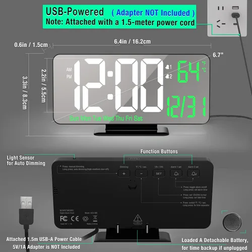 Vista 5 de KOSUMOSU Reloj de Escritorio 6.7 pulgadas Reloj Despertador Digital Negro con Alarma Dual, Atenuación, Fecha, Día de la Semana, Temperatura, 12h