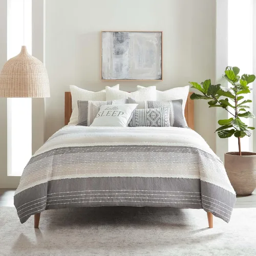 Vista 2 de Levtex Home - Juego de edredón Santander - Edredón individual + una funda de almohada estándar - Gris, beige, blanco - Jacquard - Edredón