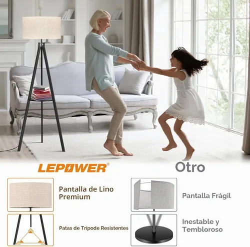 Vista 3 de LEPOWER Lámpara de pie de trípode, lámpara de pie de madera de mediados de siglo, lámpara de pie con estante de diseño moderno para sala de estar