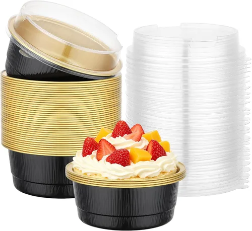 Vista 16 de Beasea - Juego de 50 ramekins de aluminio con tapas, 260 ml, 8.8 oz, 4 pulgadas, ramekins desechables de papel de aluminio para hornear, redondos