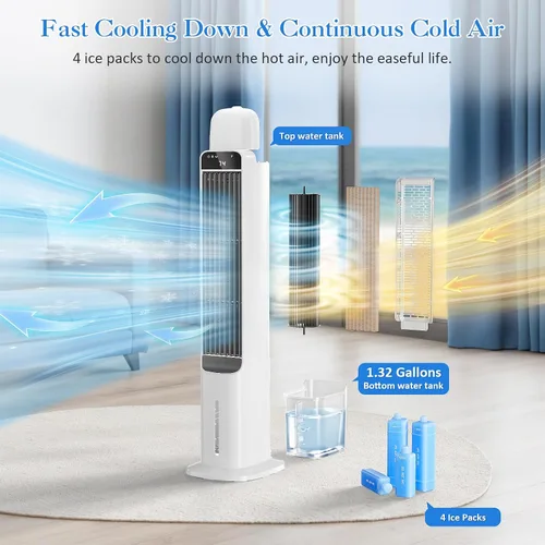 Vista 6 de Enfriador de aire evaporativo portátil, ventilador de torre de enfriamiento de pantano 2 en 1 con control remoto, 4 paquetes de hielo, oscilación