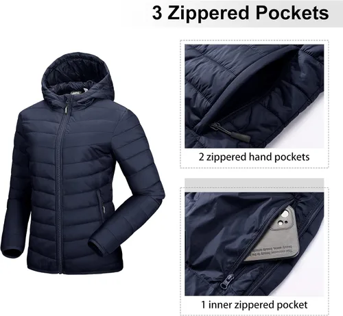 Vista 3 de Outdoor Ventures - Chaqueta acolchada ligera con cremallera completa para mujer, con capucha, abrigo de invierno acolchado