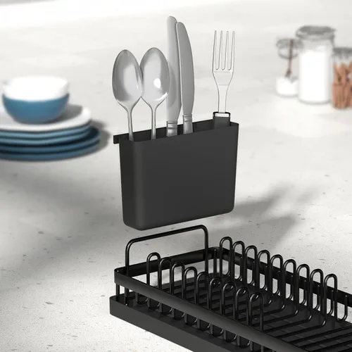 Vista 5 de CHLORYARD Escurridor de Platos Pequeño, Escurridor de Platos Compacto para Fregadero Organizador de Platos con Portautensilios y 2 Alfombrillas