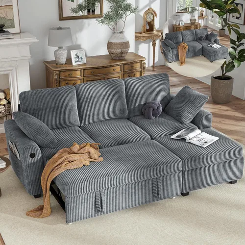 Vista 27 de Hanherry - Sofá seccional con sofá cama extraíble, sofá cama de chenilla con 2 asientos de almacenamiento y carga USB, cómodos sofás modulares