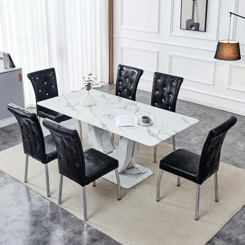 Vista 17 de Moderno juego de mesa de comedor de mármol sintético para 4, mesa de cocina rectangular blanca de 63 pulgadas con elegante base de pedestal