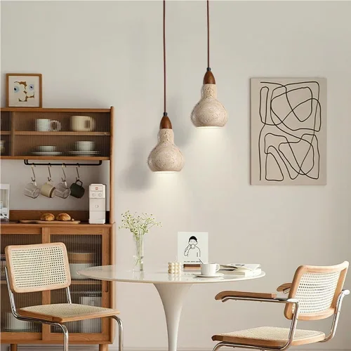 Vista 4 de Vintage Small Bedside Pendant Lights Mid Century Natural Stone Hanging Lamp Nordic Single Head Solid Wood Chandelier for Kitchen Island Bedroom