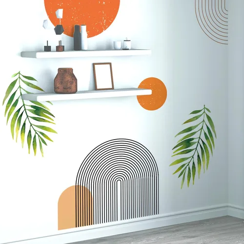 Vista 3 de Calcomanías de Pared Bohemias de Mediados de Siglo Modernas Despegar y Pegar, Pegatinas de Vinilo de Pared de Arcos Grandes Sol, Hojas Plantas