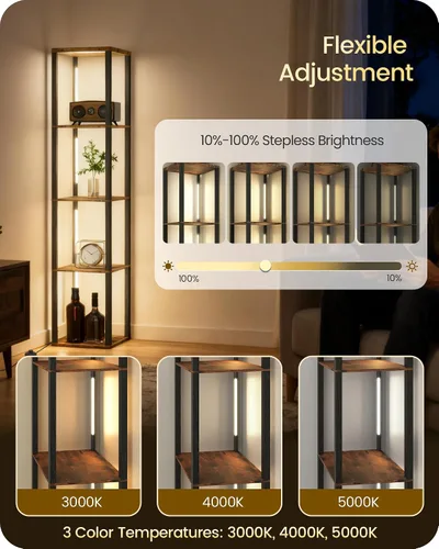 Vista 2 de Estante de exhibición de 64.2 pulgadas con luz, lámpara de pie de esquina moderna con estantes, lámpara de pie LED regulable con control remoto