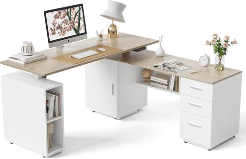 Vista 11 de FEZIBO Escritorio de pie en forma de L de 66 pulgadas con cajones y estantes, mesa ejecutiva de altura ajustable, parte superior de nogal