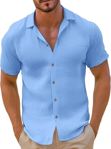 Vista 9 de Camisa de guayabera cubana para hombre, estilo casual, con botones, de manga corta, para verano, playa, hippie, color sólido, tops de trabajo
