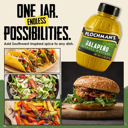 Vista 6 de Plochman's Mostaza mezclada de jalapeño, 11 onzas, condimento picante picante Zesty, bold, made with real jalapeños. Great on sandwiches, hot