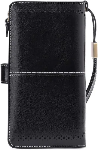 Vista 3 de Cartera de cuero genuino para mujer con correa, 24 ranuras para tarjetas, 2 compartimentos para tarjetas de identificación, ventanas para efectivo