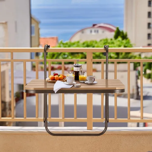 Vista 8 de Mesa de barandilla plegable para balcón, mesa de bar para balcón al aire libre, mesas de bar para barandillas colgantes de aluminio ajustable