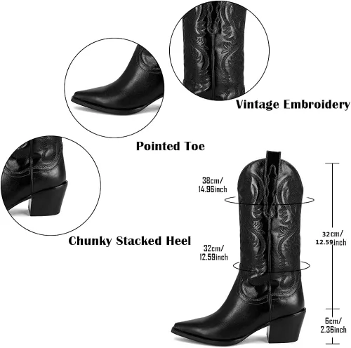 Vista 7 de Mattiventon Botas vaqueras para mujer, bordadas, a media pantorrilla, botas vaqueras vintage, botas occidentales
