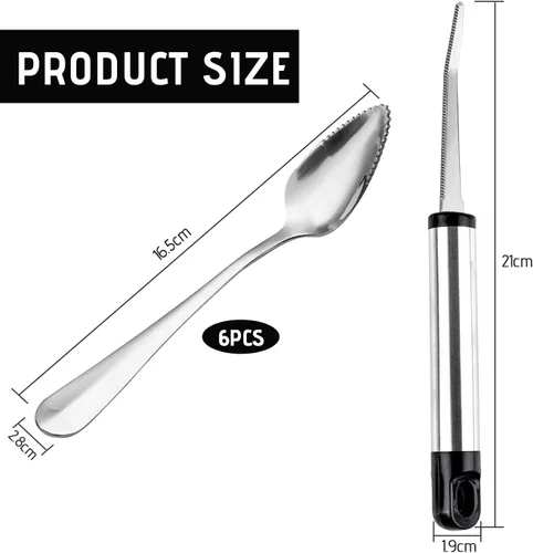 Vista 2 de WXJ13 7 cucharas de pomelo y cuchillo de toronja, cuchara de postre de toronja de acero inoxidable, utensilios de toronja dentada, herramientas