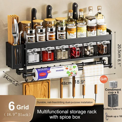 Vista 3 de Cuchillo colgante de pared para montaje en pared, taza de condimentos, estante de cuchillos que ahorra espacio con ganchos, organizador de cocina