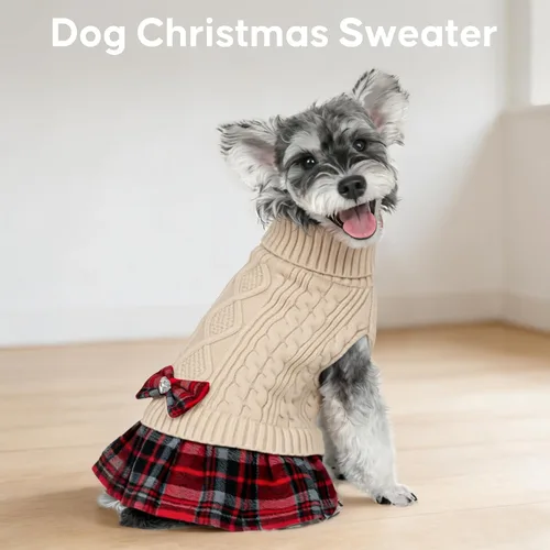 Vista 3 de Kyeese Suéter de perro vestido a cuadros con cuello alto para perro, suéter de punto para mascotas para otoño e invierno