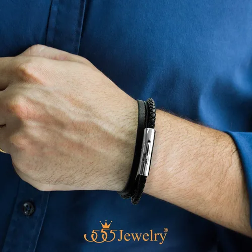 Vista 2 de 555Jewelry - Pulsera magnética de acero inoxidable con capas de cordón de cuero trenzado