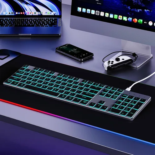Vista 2 de POWZAN Teclado retroiluminado con cable para Windows/Mac, teclados delgados y silenciosos de aluminio de tamaño completo que se iluminan