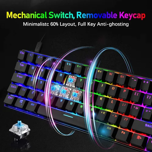 Vista 3 de Teclado mecánico para juegos y mouse ligero de panal con retroiluminación RGB arco iris, 61 teclas, ergonómico, programable, con cable, USB