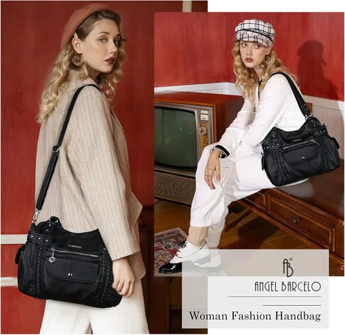 Vista 7 de Angel Barcelo - Bolsa de hombro amplia para mujer, diseño Hobo, cuero lavado