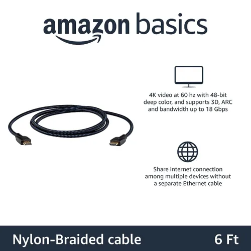 Vista 2 de Amazon Basics Cable HDMI de 6 pies, cable HDMI 2.0 4K (18 Gbps), trenzado de nailon, 4K @60Hz, 2160p, 48 bits, compatible con TV/PS5/Xbox/Roku, Negro
