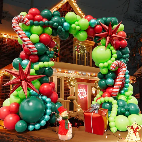 Vista 2 de Kit de arco de guirnalda de globos de Navidad de 183 piezas con globos rojos de Navidad, lima, verde oscuro, verde metálico, globos de papel