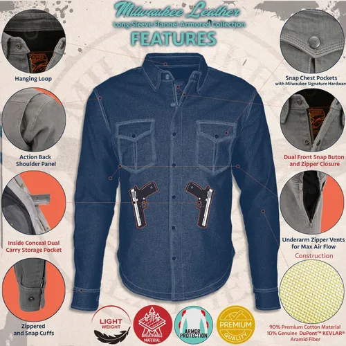 Vista 4 de Milwaukee Leather MPM1630 Camisa de motociclista de franela a cuadros para hombre con armadura CE - Reforzada con fibras de aramida