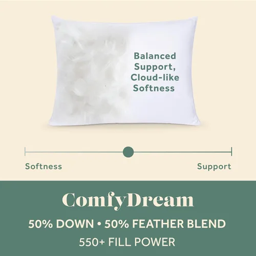 Vista 2 de ComfyDown Almohada de cama ComfyDream de mezcla de plumas 50/50 para dormir, funda de algodón egipcio, fabricada en Estados Unidos