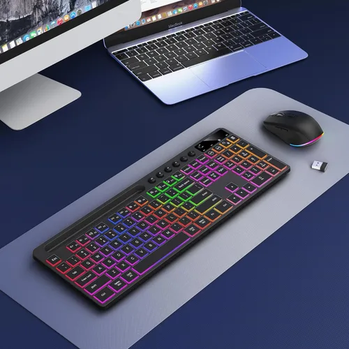 Vista 9 de Wireless Keyboard and Mouse Combo with Backlit - Soueto Full Size Ergonomic Keyboard with Phone Tablet Holder, 2.4GHz Lag-Free Silent Computer Mouse