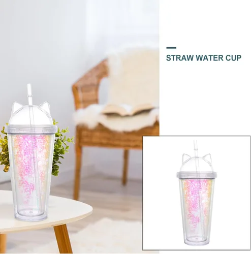 Vista 8 de UPKOCH Vaso de agua de doble pared con forma de oreja de gato, vaso de paja de plástico con lentejuelas, elegante botella de bebida reutilizable
