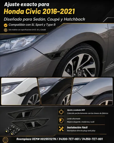 Vista 2 de Luz LED Blanca con Lente Ahumada para Marca Lateral Delantera Compatible con Honda Civic 10ª Generación 2016-2021 Sedán Coupé Hatchback