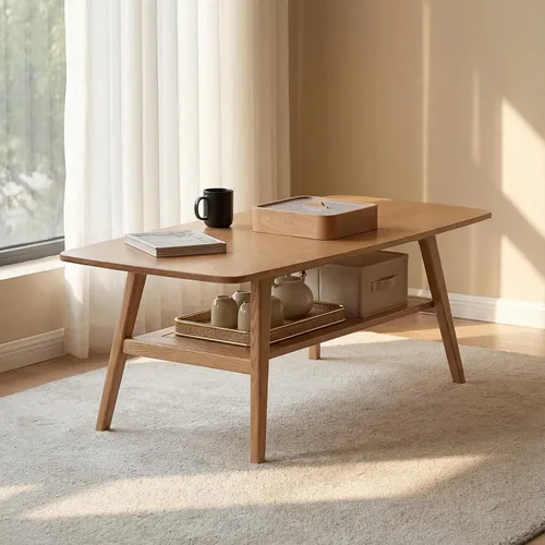 Vista 9 de Mesa de centro moderna de mediados de siglo: mesa de centro 100% de madera maciza, diseño de almacenamiento de 2 niveles, mesas de centro pequeñas