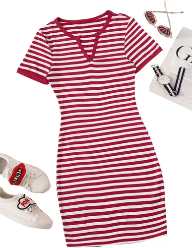 Vista 6 de Floerns Vestido tipo camiseta con cuello en V y estampado de rayas casuales para mujer