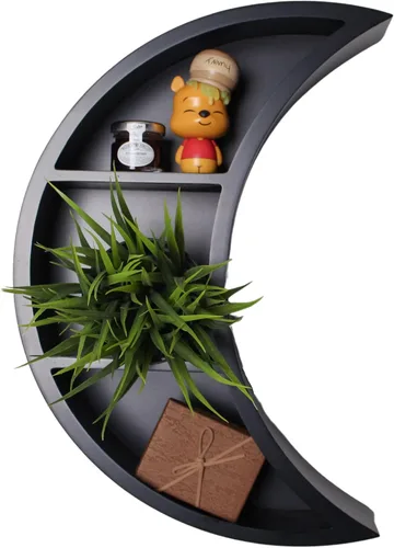 Vista 6 de Kirpi Estante original de luna negra para cristales, decoración de pared de Halloween, estante flotante de madera de luna, estantes flotantes