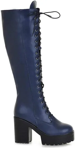 Vista 80 de Parisuit Botas góticas altas hasta la rodilla con hebilla de plataforma para mujer, tacón alto grueso, con cordones, botas de combate punk, con Negro