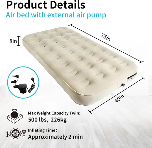 Vista 2 de Colchón de aire tamaño individual con bomba de inflado rápido, colchón inflable de parte superior ondulada, cama de aire duradera para el hogar