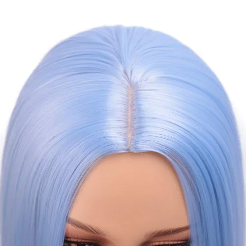 Vista 5 de Peluca colorida de cabello sintético liso, de raya en medio y longitud al hombro, para mujer, moderna Azul cielo