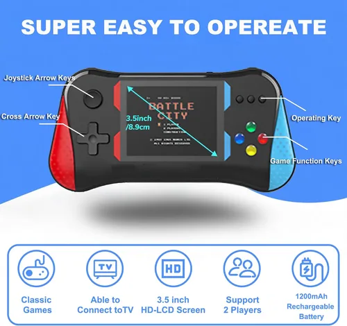 Vista 3 de Juego de mano para niños, 500 videojuegos retro precargados, reproductor de videojuegos de TV portátil, batería recargable de 3.5 pulgadas, pantalla