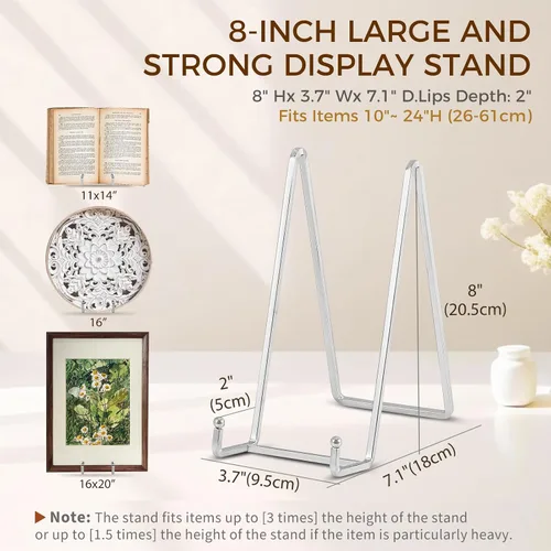 Vista 2 de Soporte para platos – Soporte de placa de metal de 8 pulgadas para exhibir – Soporte de fotos de mesa – Caballetes de hierro plateados para mostrar