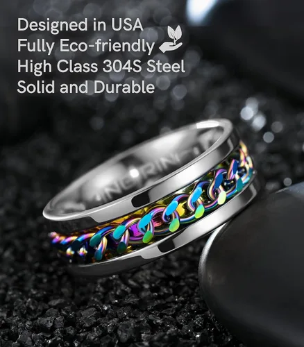 Vista 3 de King Ring Anillo giratorio de 0.315 pulgadas, anillo plano pulido fino para hombres y mujeres con cadena cubana, diseñado en Estados Unidos