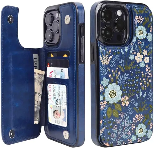 Vista 44 de uCOLOR - Funda tipo cartera para iPhone 15 con tarjetero y diseño de lunares con leche de almendra Bloqueo RFID de piel sintética para mujeres
