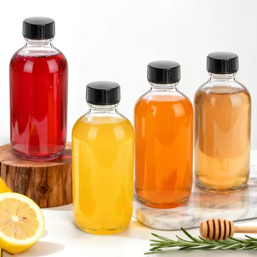 Vista 5 de Bekith Paquete de 24 botellas redondas Boston transparentes con tapa de cono de polietileno negro, botellas de vidrio transparente de 4 onzas