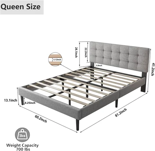 Vista 2 de Lijimei Base de cama Queen con cabecero, base de cama tapizada con soporte de listones de madera y cabecera cosida copetuda, base de colchón,