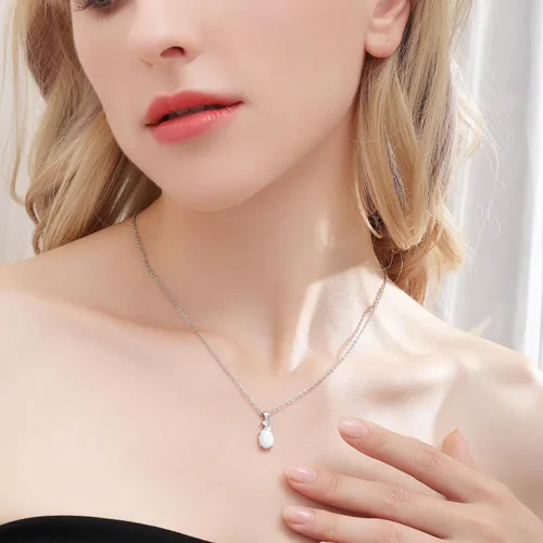 Vista 8 de AILUOR Collar con colgante de ópalo vintage, chapado en plata, piedra preciosa ovalada de ópalo blanco, joyería de moda para mujeres y madres, amor