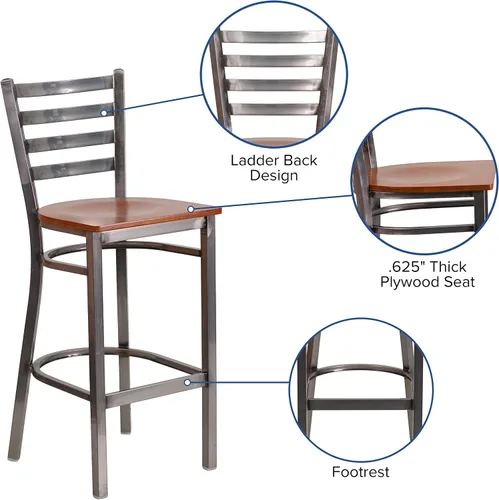 Vista 4 de Flash Furniture HERCULES Series - Taburete de bar de metal con revestimiento transparente para restaurante, asiento de madera de cerezo Asiento