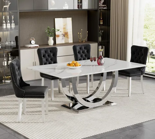Vista 17 de Juego de mesa de comedor de 5 piezas para 4, mesa de cocina de mármol negro de 68 pulgadas con 4 sillas beige, mesa de comedor rectangular moderna