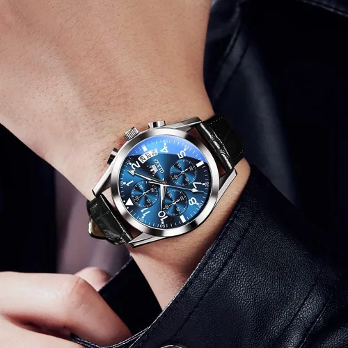 Vista 3 de OLEVS Relojes de hombre de cuero marrón con fecha, relojes casuales para hombre, relojes de cara grande para hombre, cronógrafo para hombre, reloj